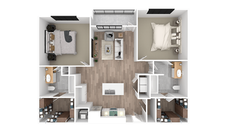 a 3d floor plan of a bedroom with a bathroom and a living room